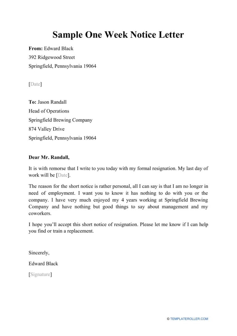 Printable 1-Week Notice Resignation Letter Template