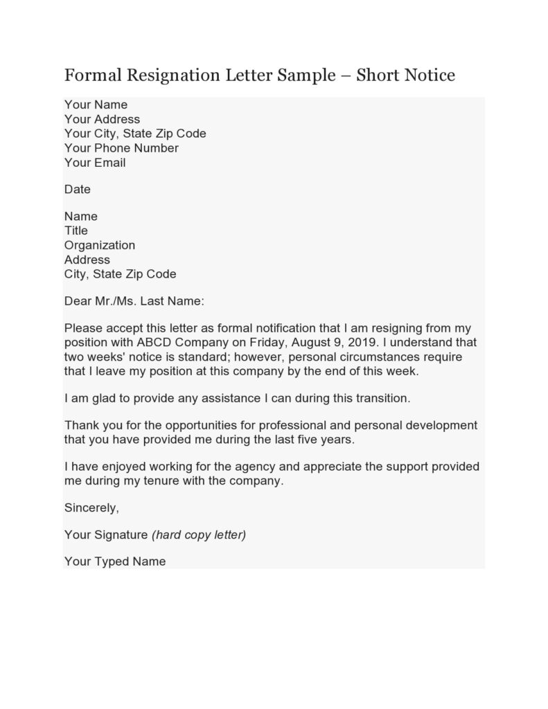 Printable 1-Week Notice Resignation Letter Template