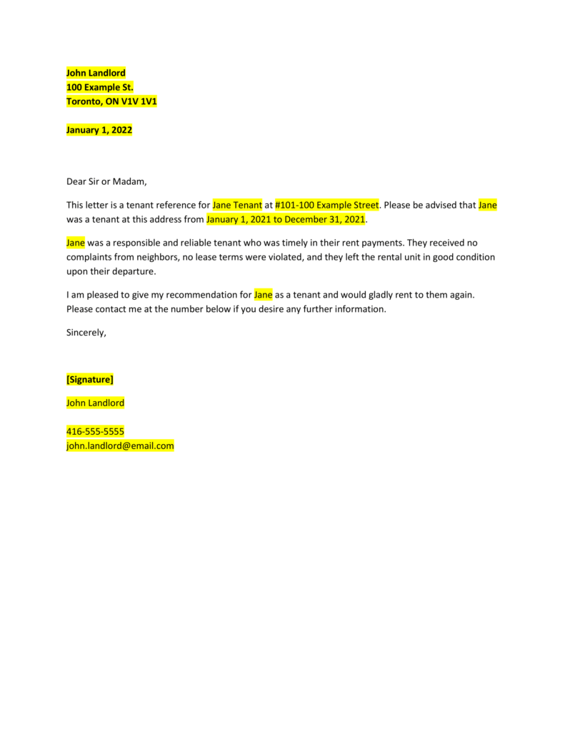 Landlord Recommendation Letter for a Tenant