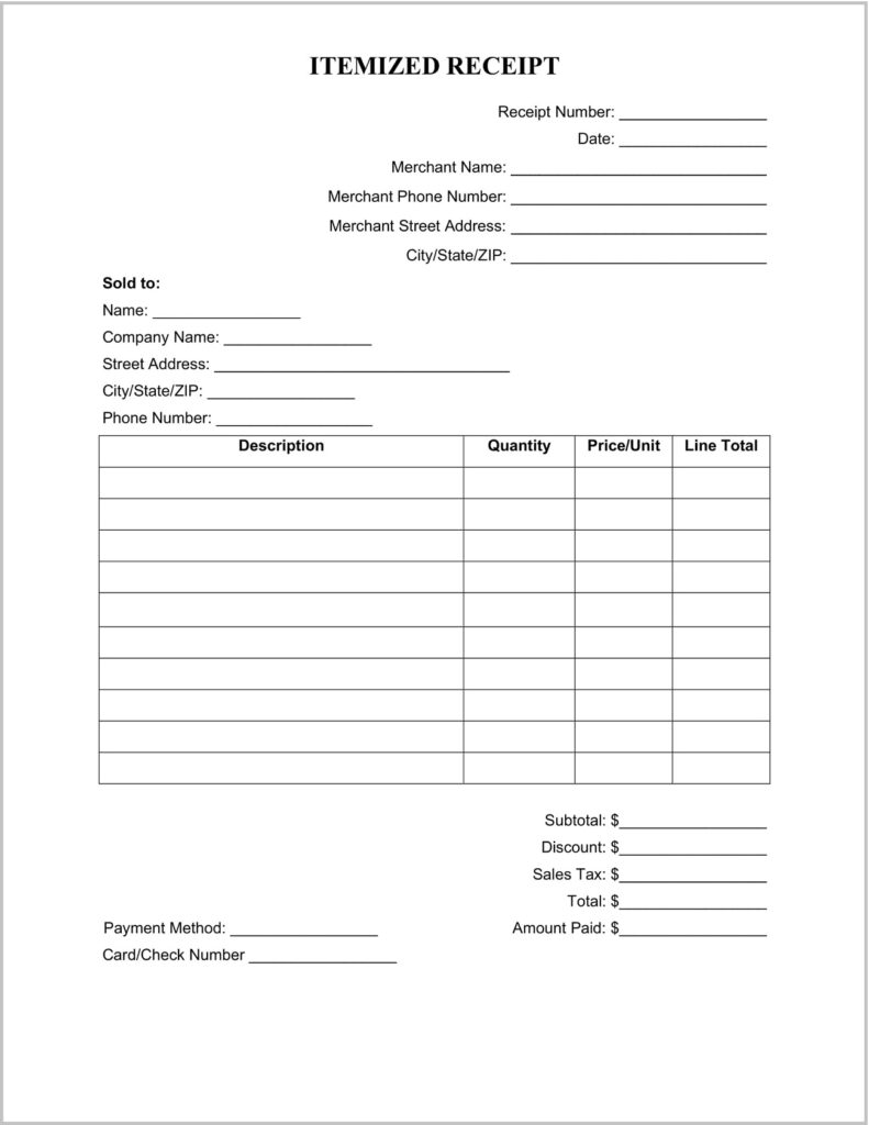 Printable Itemized Receipt Template