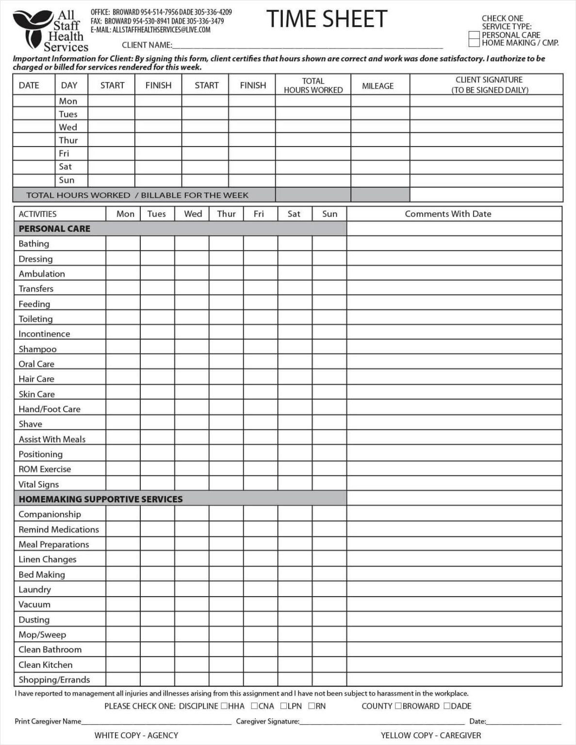 Free Printable Caregiver Timesheet Template