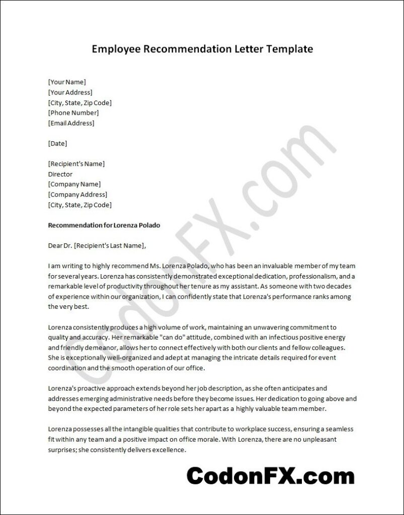 Employee Recommendation Letter Template