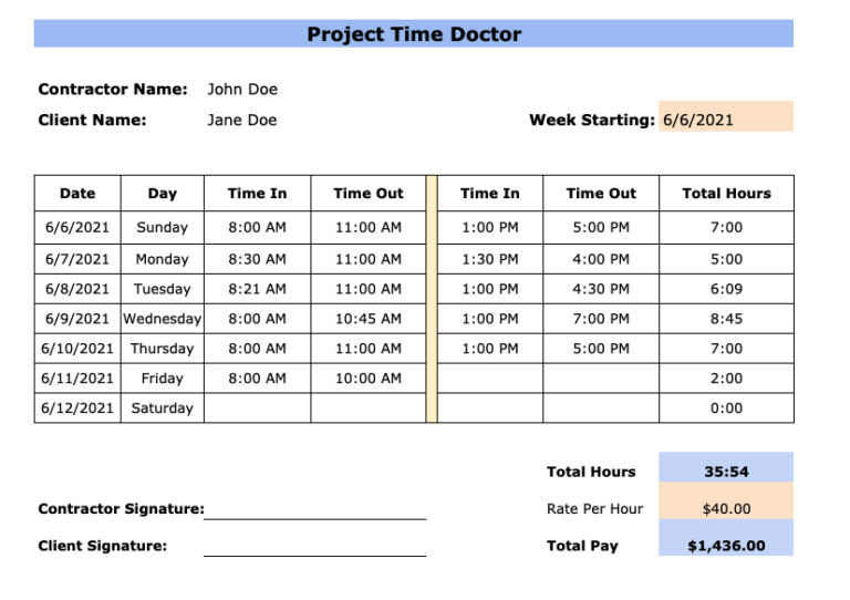 Free Printable Contractor Timesheet Template [Excel]