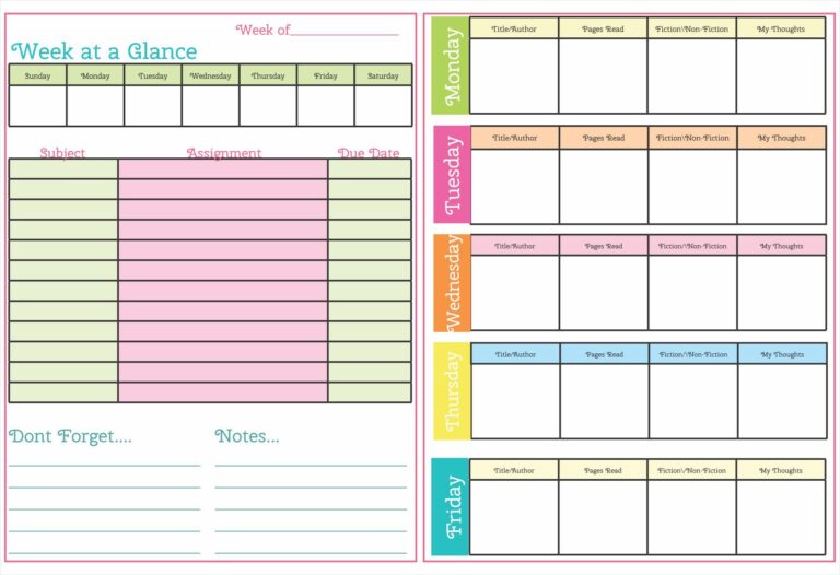 Printable Girly Cute Homework Planner Template