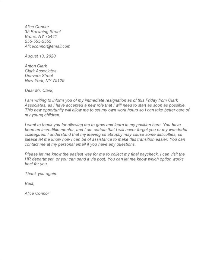 Immediate Resignation Letter Template (with Sample)