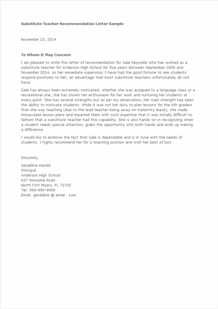 Recommendation Letter Template For Substitute Teacher