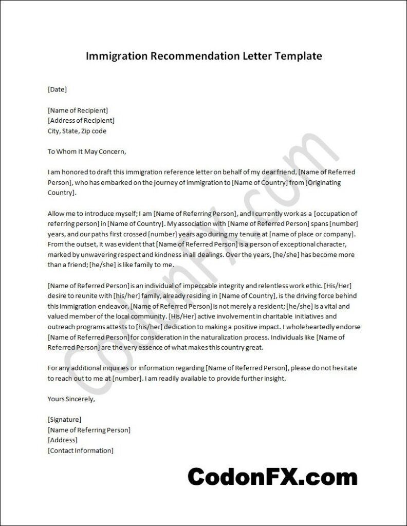 Immigration Recommendation Letter Template 6716