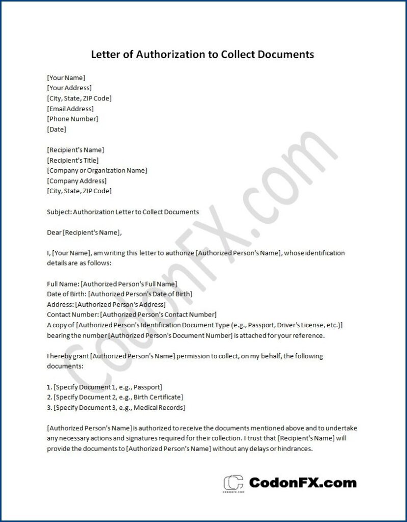 Letter of Authorization Template to Collect Documents