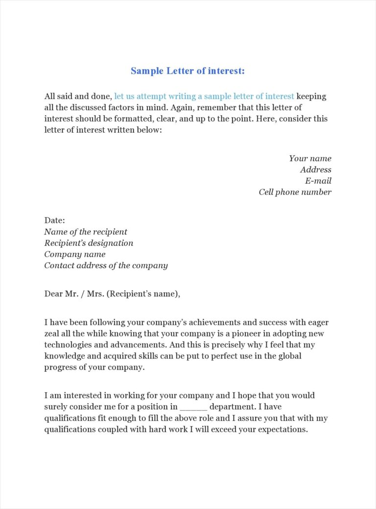 Letter Of Interest Template For Clerical Position