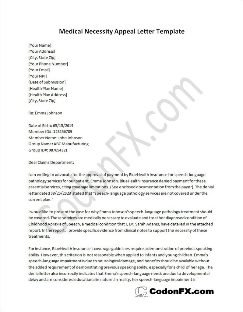 Medical Necessity Appeal Letter Template 5924