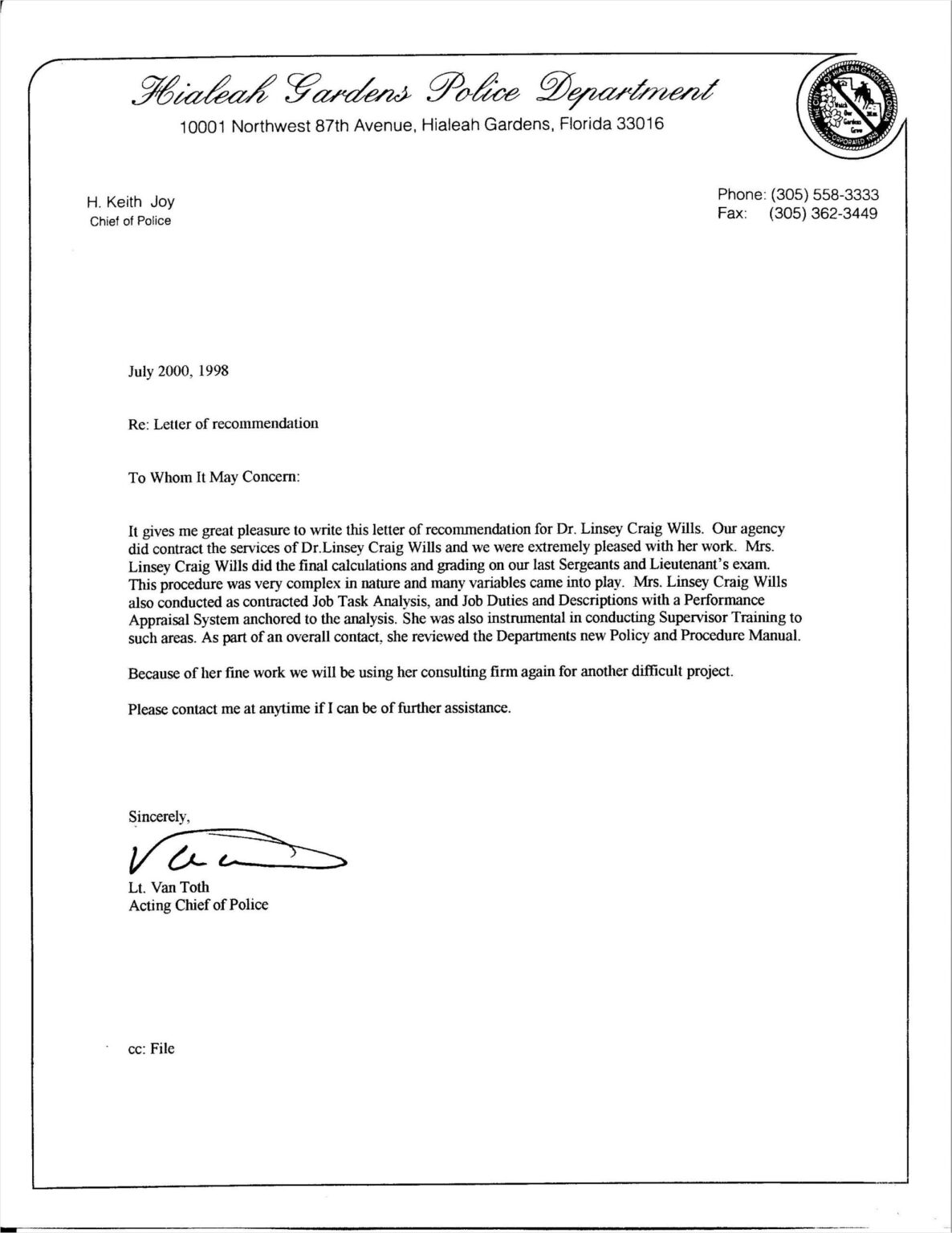 Printable Police Officer Recommendation Letter Template