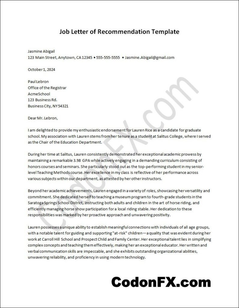 Recommendation Letter Template for Graduate School