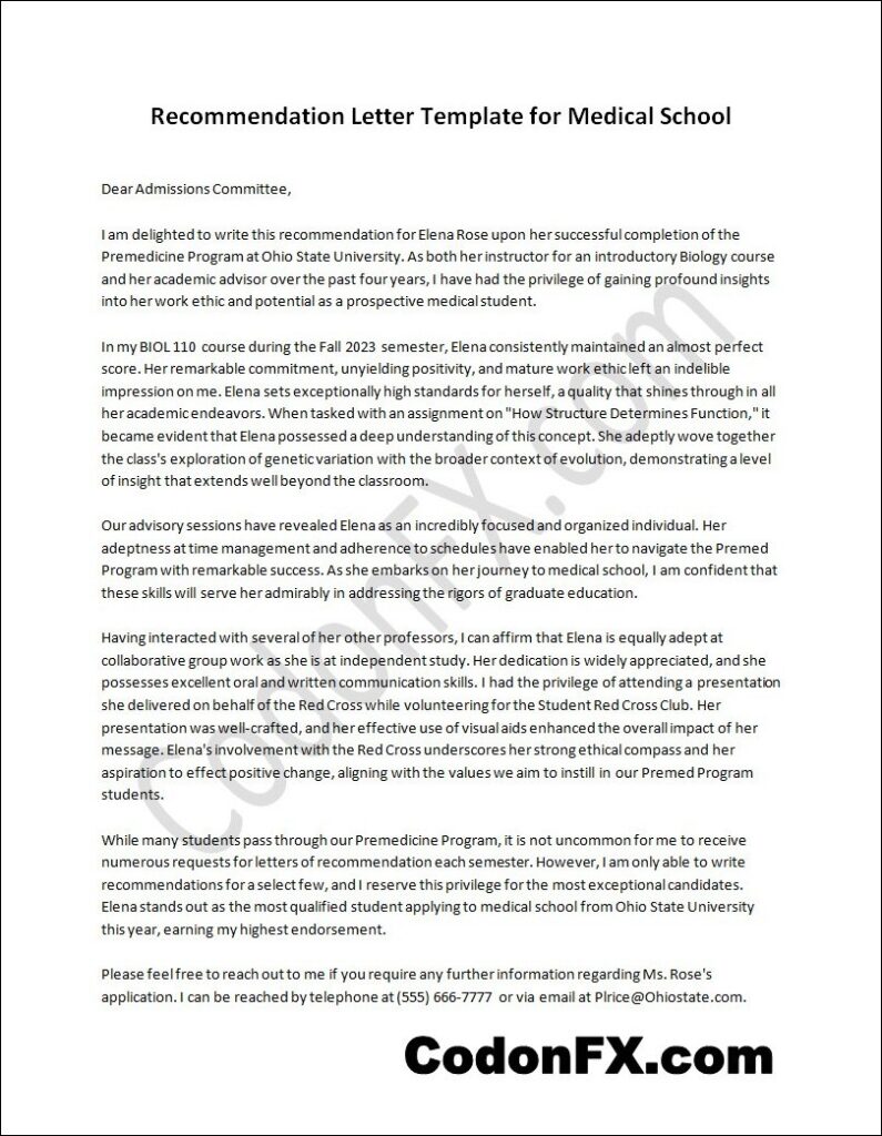 Recommendation Letter Template for Medical School