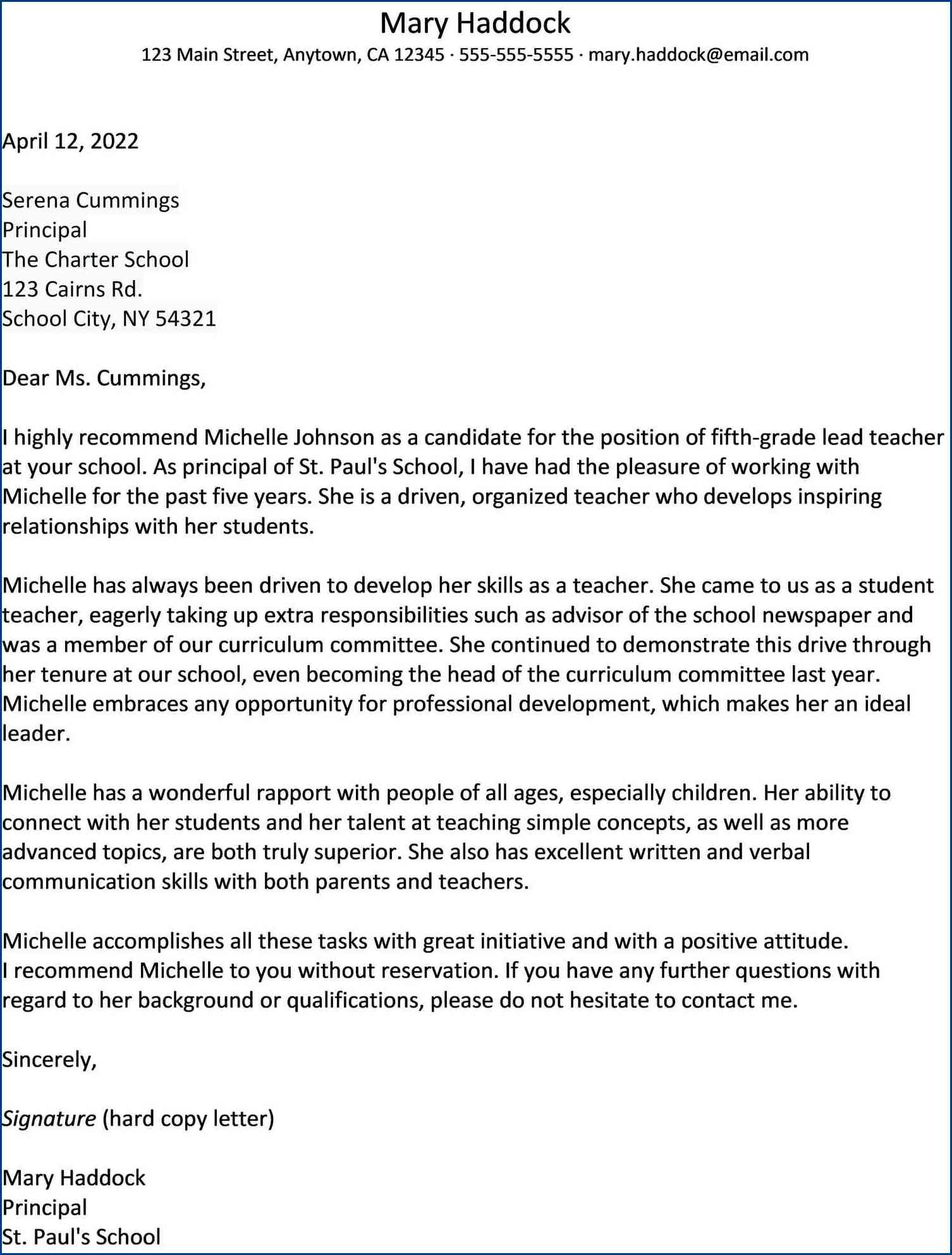 Recommendation Letter Template For Teacher