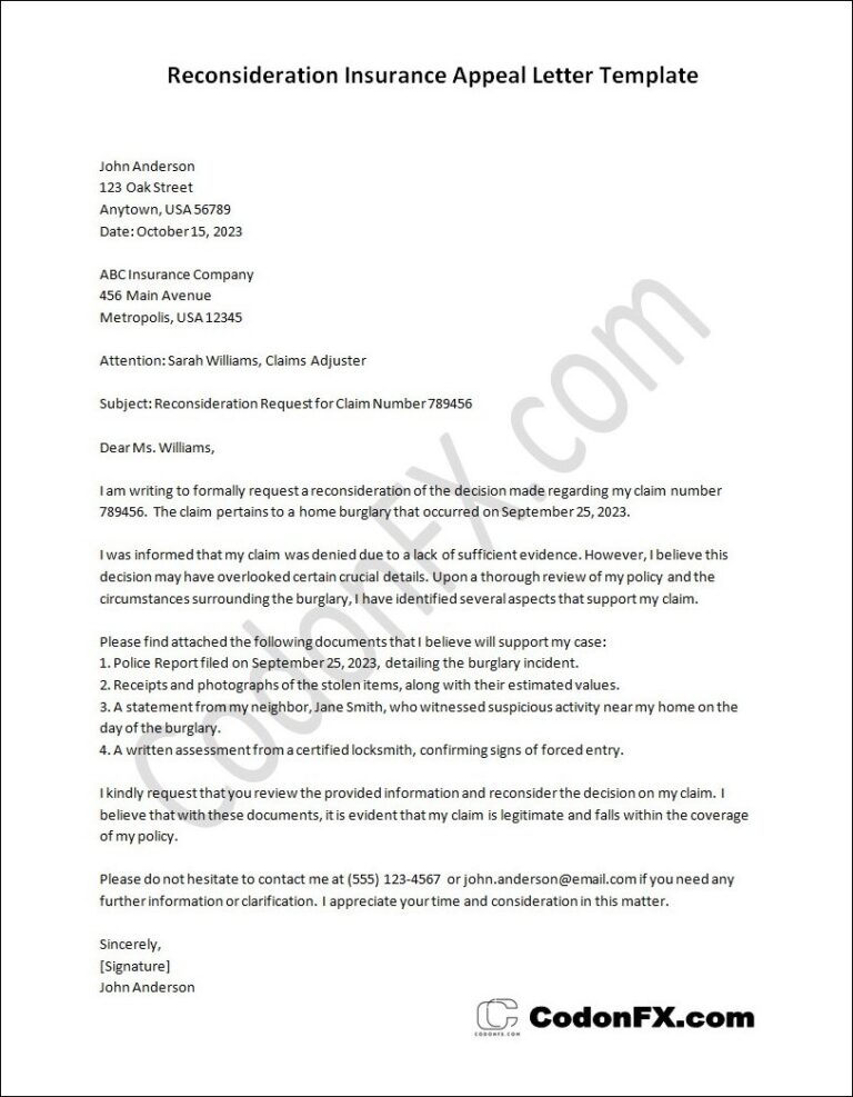 Reconsideration Insurance Appeal Letter Template