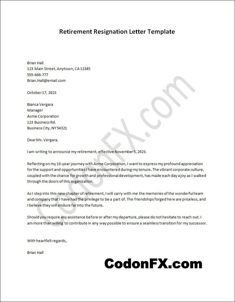 Retirement Resignation Letter Template With Sample 