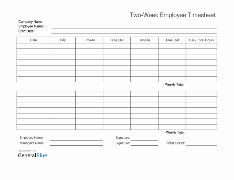 Free Printable 2-Week Timesheet Template