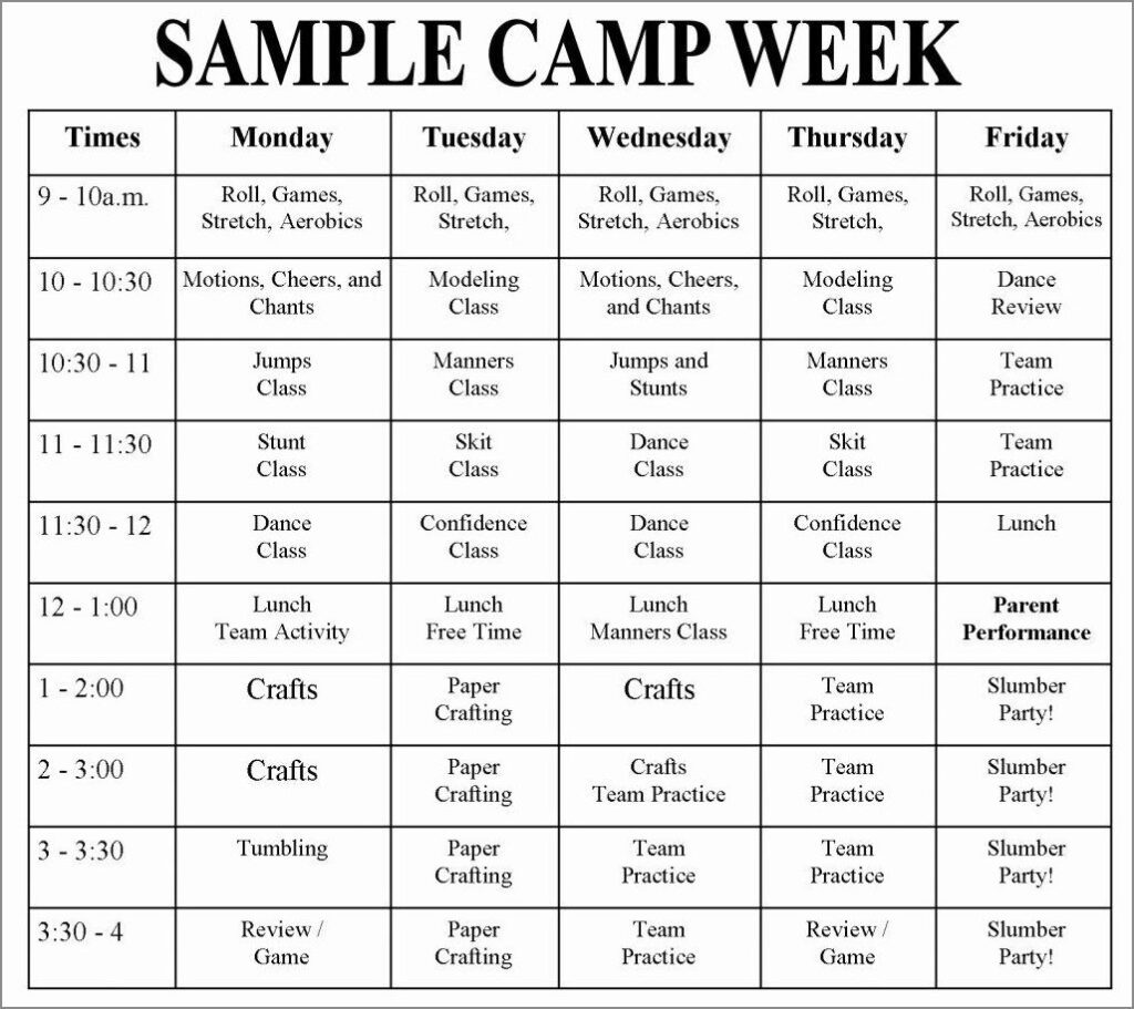 Free Printable Camp Schedule Template