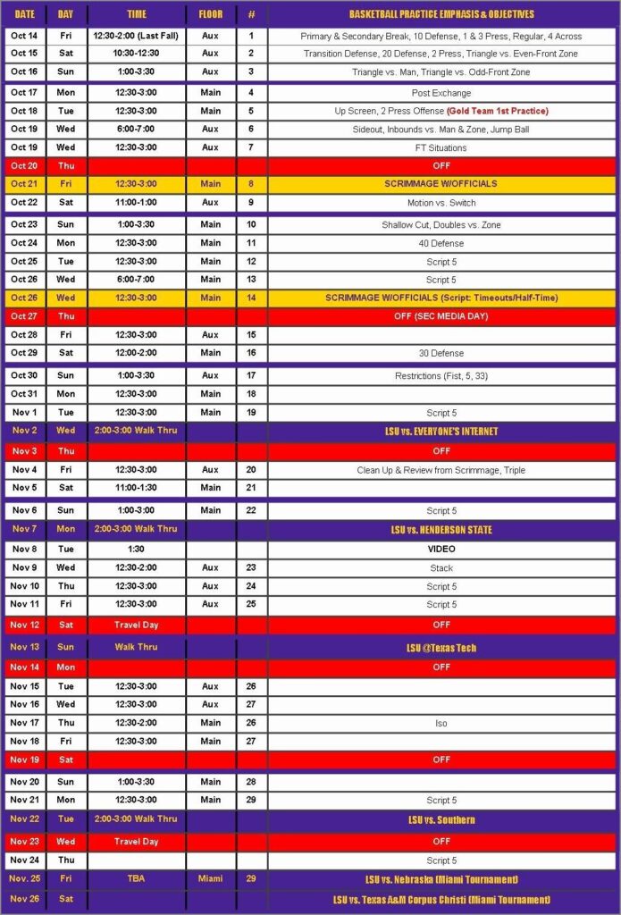 Free Printable Football Practice Schedule Template