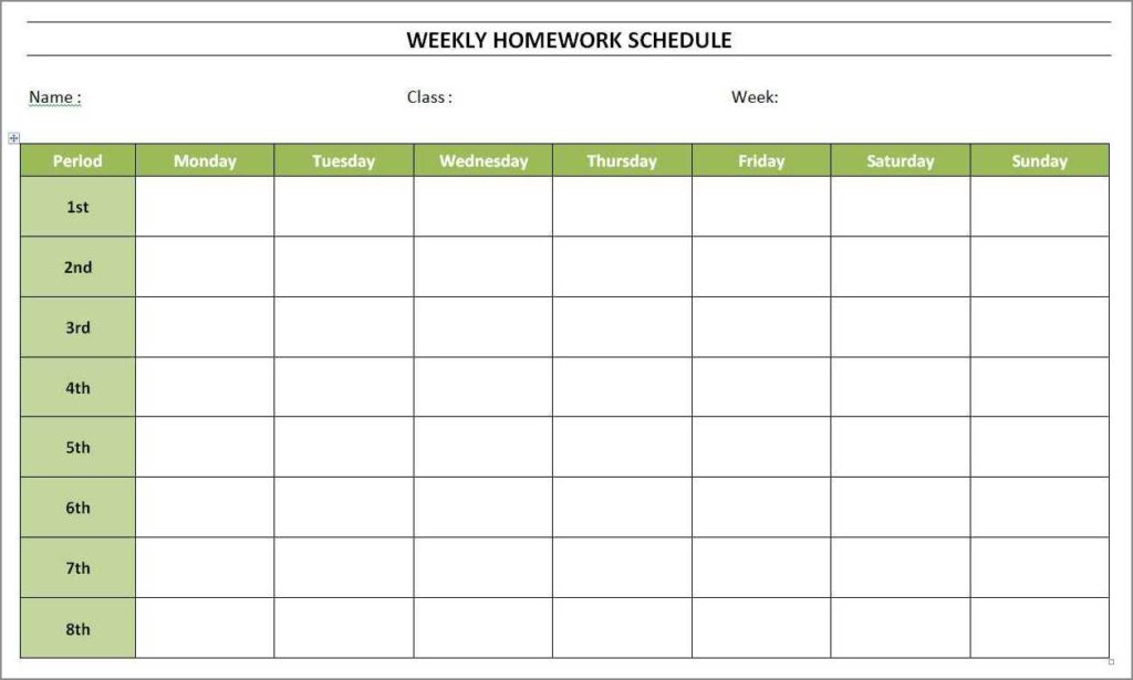 Free Printable Homework Schedule Template