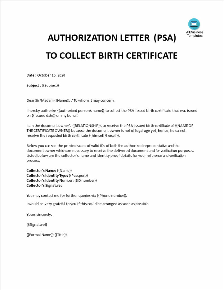 Letter Of Authorization Template To Pick Up Passport 0027