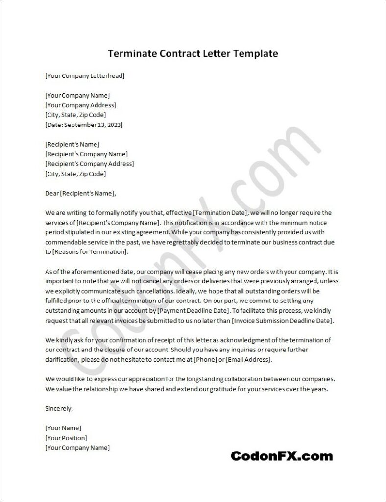 Terminate Contract Letter Template Free Printable