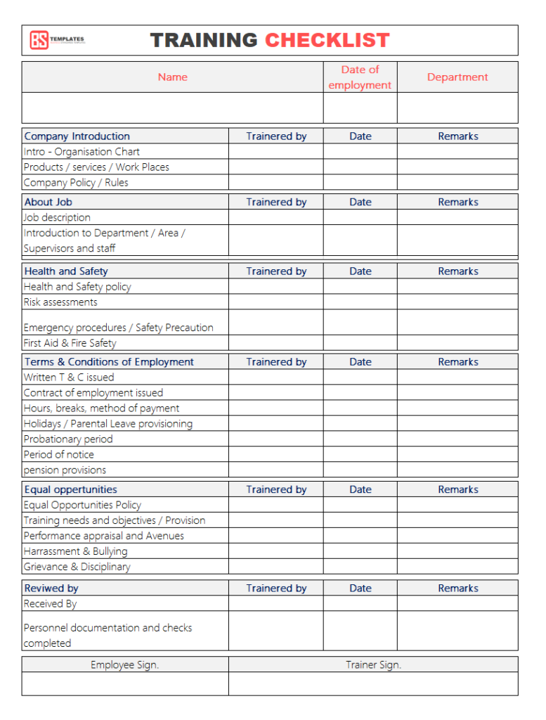 Training Checklist Template