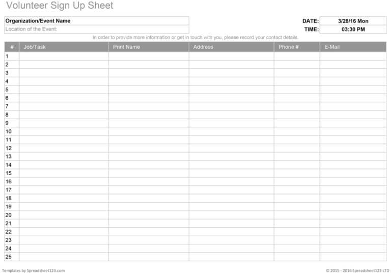 Volunteers Sign-up Sheet Template